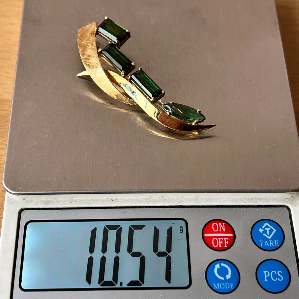 VINTAGE 18K GOLD CUSTOM LARGE GREEN TOURMALINE PIN BROOCH STATEMENT FLORENTINE